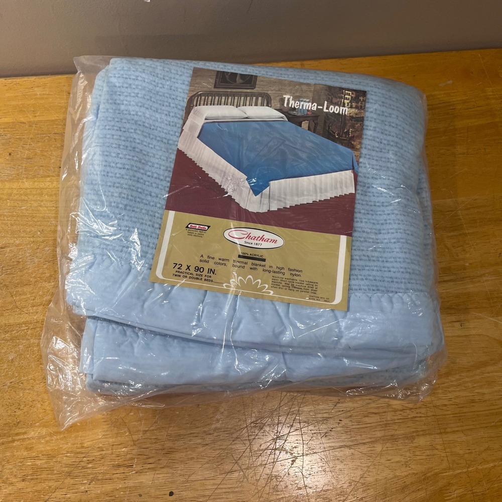 Vtg Chatham Therma-Loom Blue Thermal Blanket 72x90 Acrylic Nylon Trim Twin Full